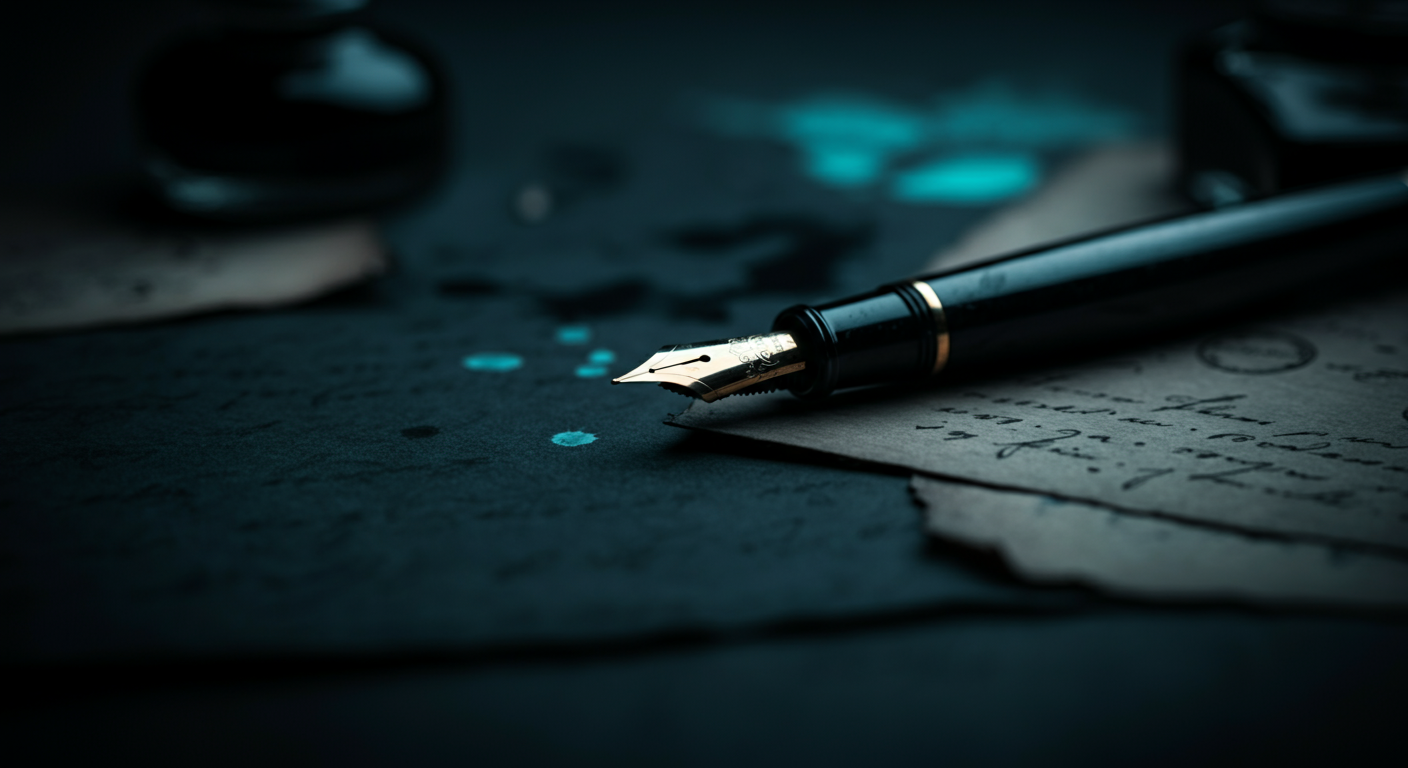 Abstract editorial scene with scattered parchment, ink splatters, and vintage pen on dark textured surface