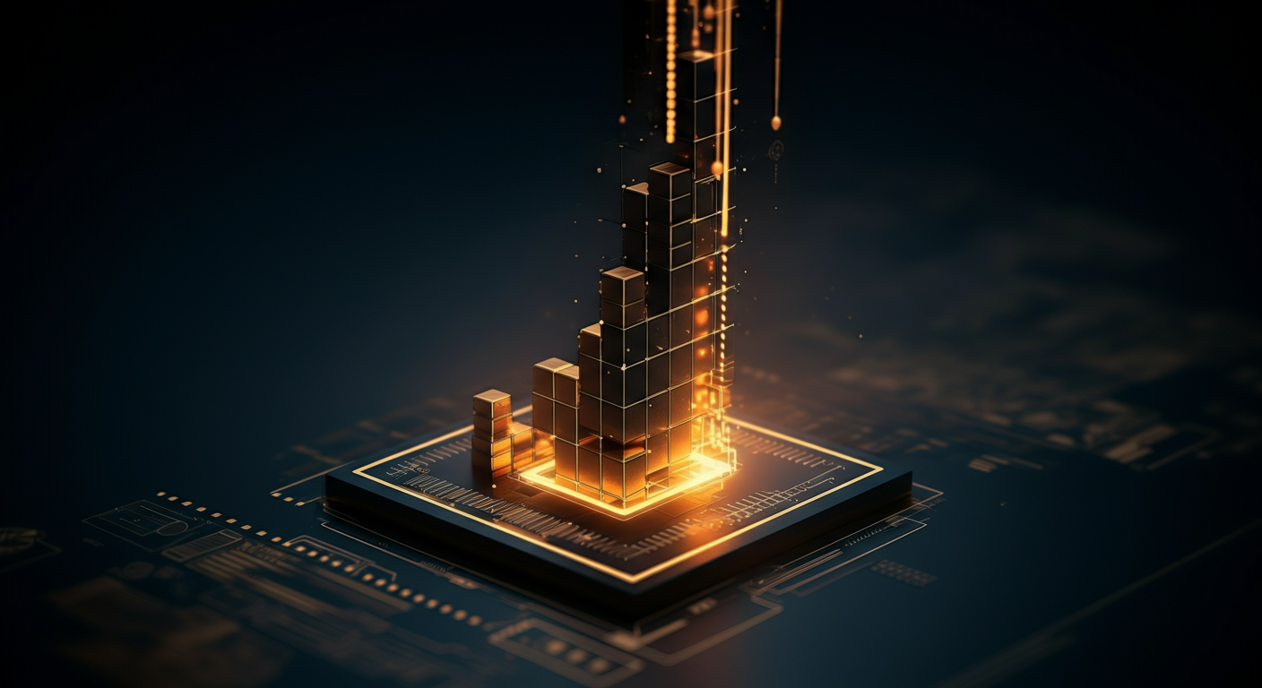 Abstract startup launch visualization with golden geometric building blocks and upward trajectory